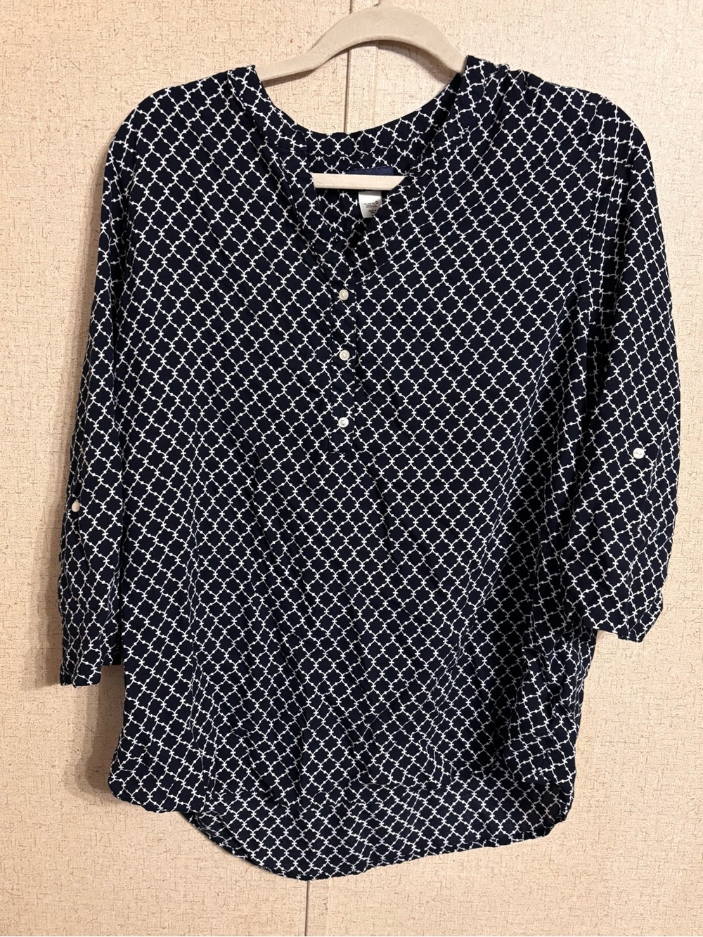 Basic Editions Navy Geometric Henley Blouse